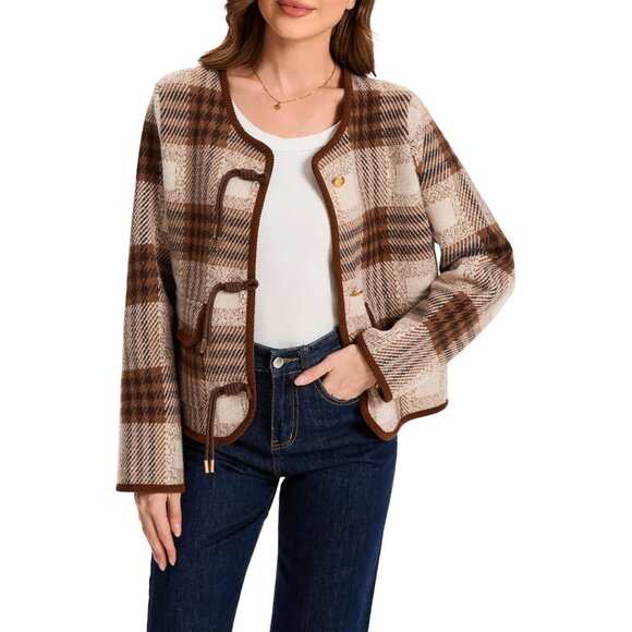 Women's Plaid Knit Cardigan Sweater Long Sleeve Pockets Casual Fall - Picture 2 of 7